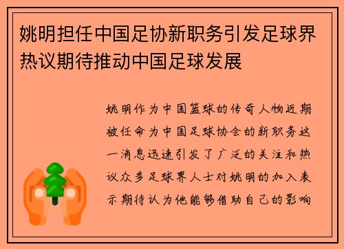姚明担任中国足协新职务引发足球界热议期待推动中国足球发展